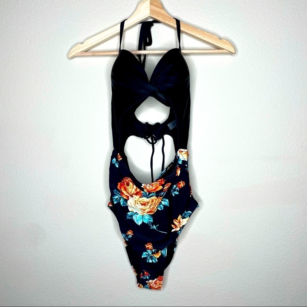 Medium One Piece Bathing Suit Black top Floral bottom
